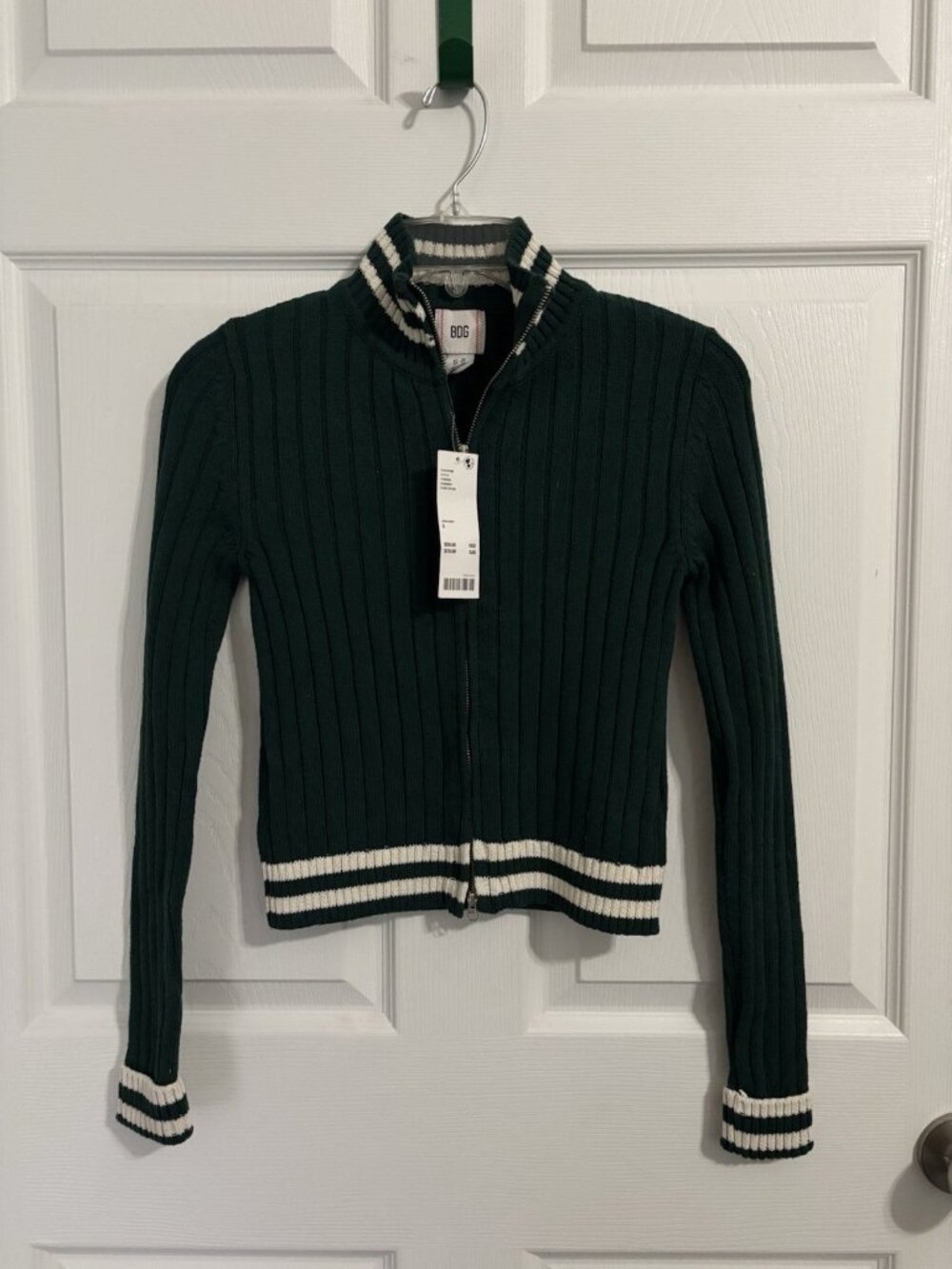 NWT BDG Urban Outfitters Green/Cream Cropped Ribbed Sweater Zipper Sz Small $60